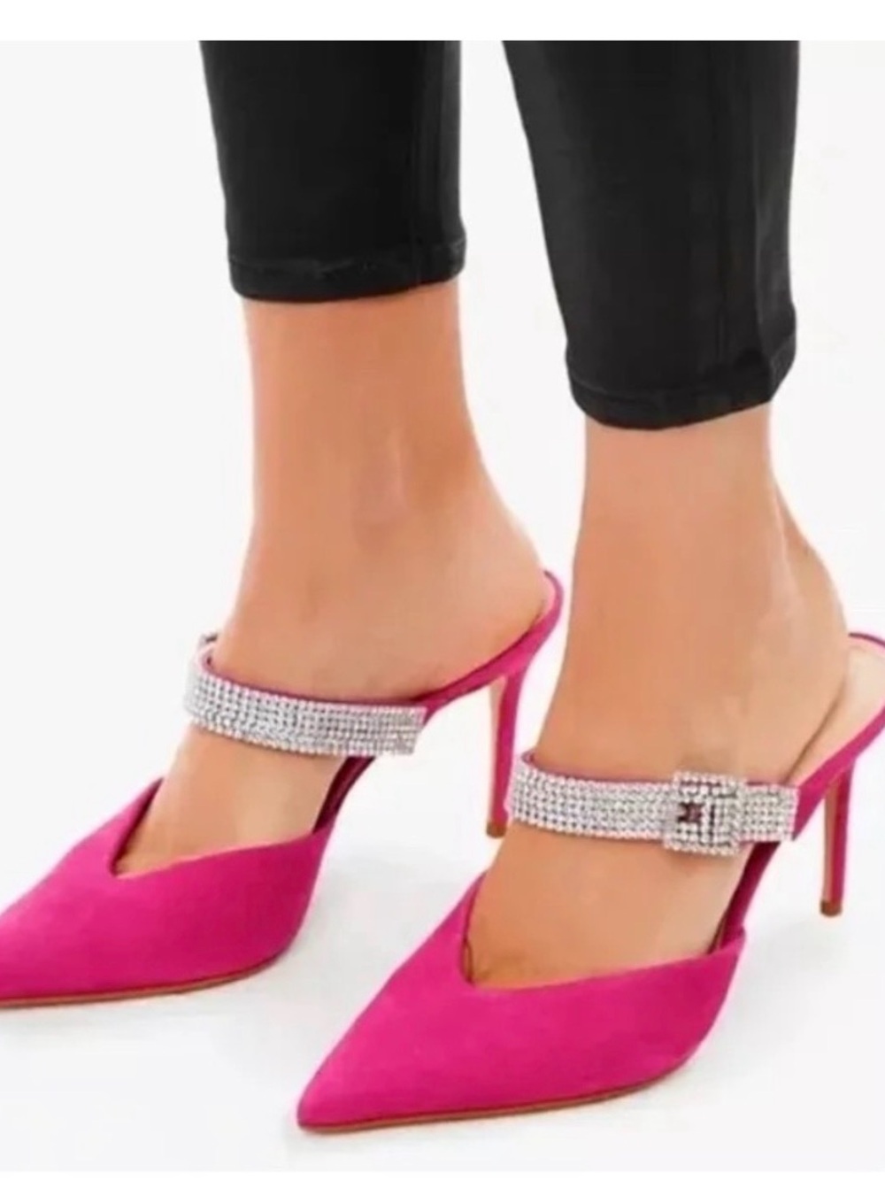 SCHUTZ Fuchsia Pointed-Toe Mule Heels with Rhinestone Strap